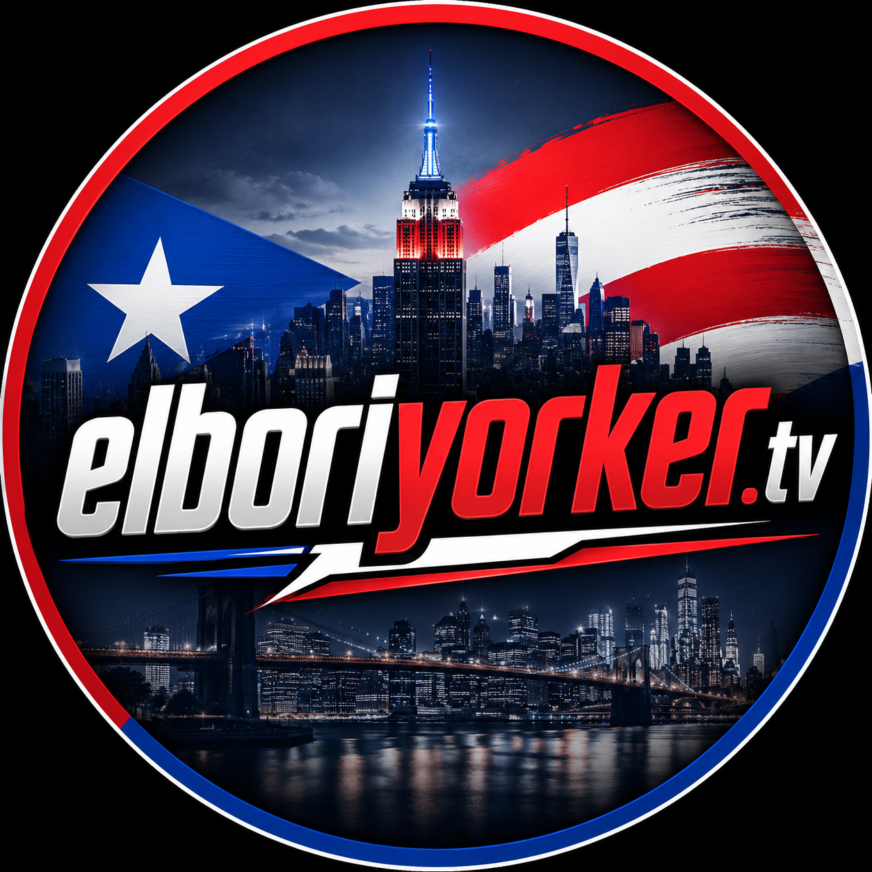 ElBoriYorker.TV logo featuring the New York skyline and Puerto Rican flag colors